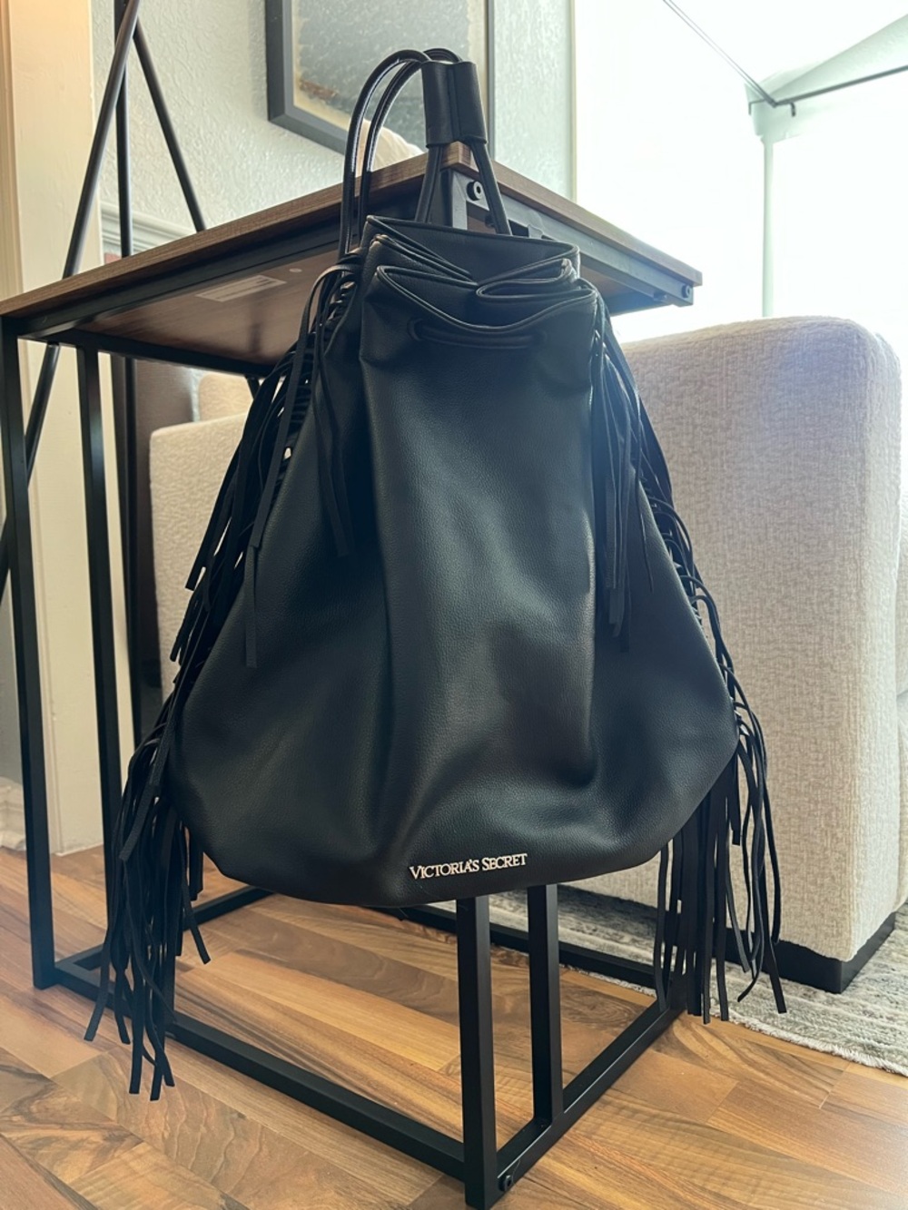 Victoria's Secret Black Fringe Drawstring backpack Shoulder Bag